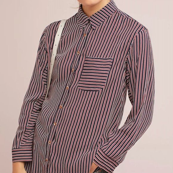 Maeve Anthropologie Adelaide Navy Red Striped Poplin Button Down Blouse Small - Picture 3 of 13